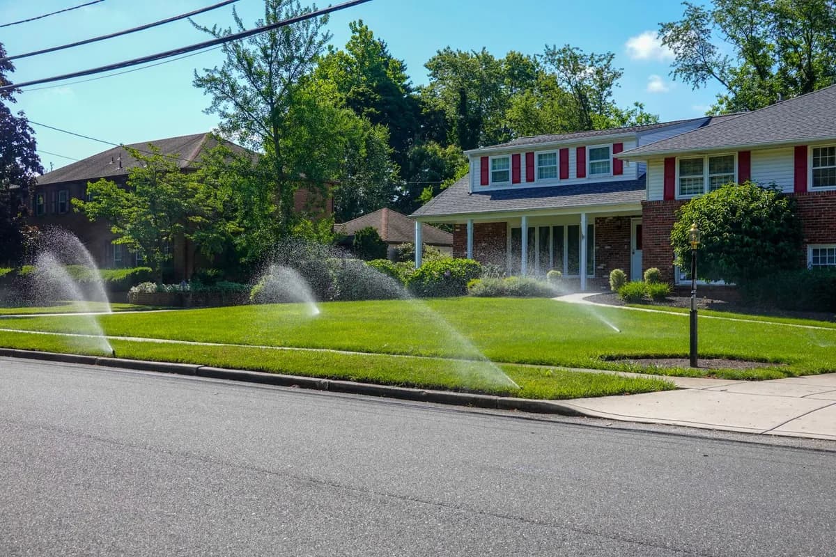 A residential home with installed sprinkler system running